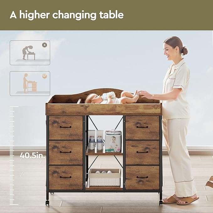 Yetom Changing Table, 6-Drawer Baby Dresser with Changing Table top,Waterproof Diaper Changing Station & Pad, 2 Height-Adjustable Open Storage Shelves, Mobile Nursery Organizer, Rustic Brown