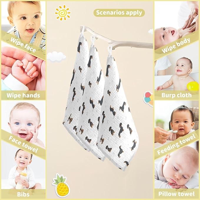 vvfelixl Baby Cotton Washcloths Black Dachshund Infants Bath Towel for Unisex Face Towels for Newborn, Natural Baby Wipes Delicate Skin, 11.8 X 11.8 inch, one sizex3