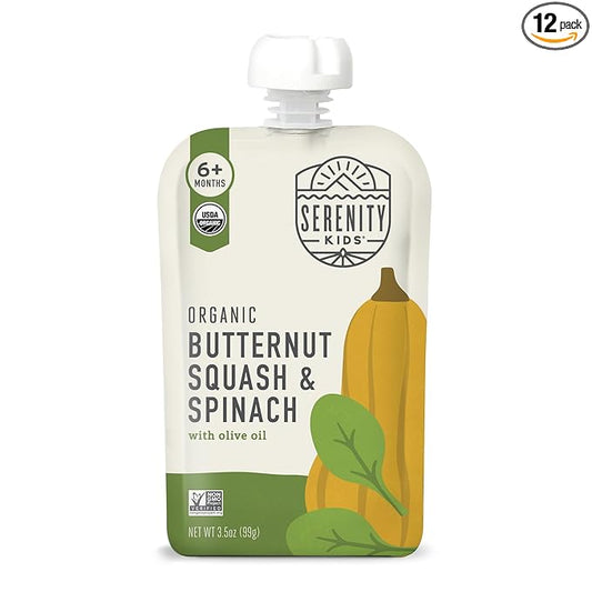 Serenity Kids 6+ Months Veggie Puree Baby Food Pouches - Butternut Squash & Spinach - USDA Organic Baby Snacks - No Added Sugar Snack Pouch - Healthy Toddler Treats - 3.5 Oz Pack of 12