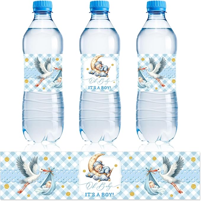 NQEUEPN 50pcs Baby Shower Water Bottle Labels, Waterproof Decorative Water Bottle Labels Personalized Water Bottle Wrap Stickers for Baby Shower Party Decorations (Boys Style 1)