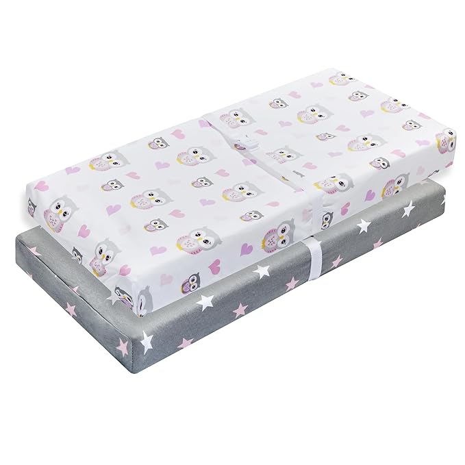 EVERYDAY KIDS 2 Pack Baby Changing Pad Covers for Baby Girl – Fits Most Changing Table Pads; 100% Cotton Jersey Knit, Breathable, Soft Changing Table Topper – Pink, Purple Owls and Pink, White Stars