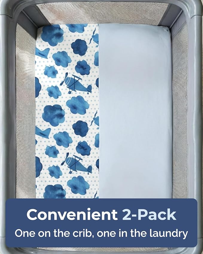 Pack and Play Sheets Fitted - 2 Pack Mini Crib Sheets for Pack N Play Mattress - Unisex Playard Microfiber Bedding for Boys & Girls - Soft, Breathable & Wrinkle Free - Oeko-Tex, 38 x 26in - Plane Sky