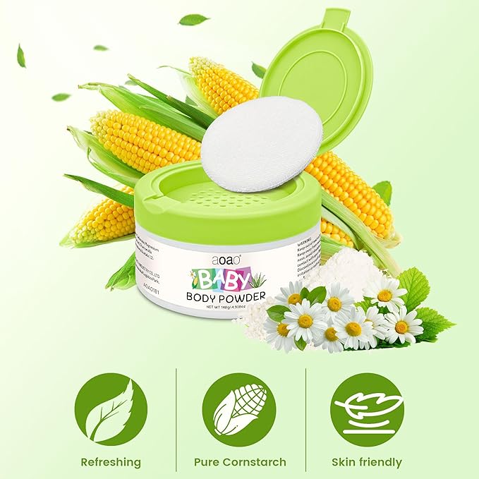 AOAO Natural Baby Body Powder, Talc-Free Cornstarch Base, Itch Soothing & Help Prevent Diaper Rash with Aloe & Zinc Oxide, Sensitive Skin & Chafe Protection, Gentle Absorption Care, Value 2-Pack