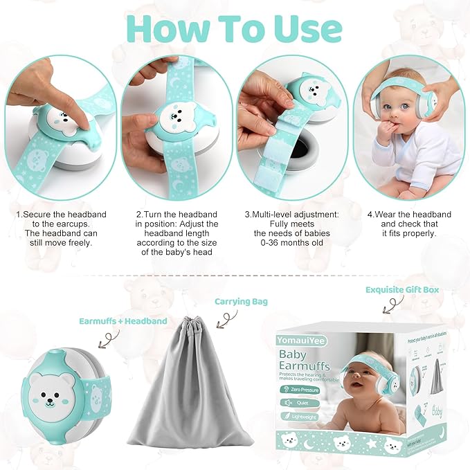 YomauiYee Baby Headphones,Bear Infant Ear Protection Noise Cancelling Headphones for Infants 0-36 Months,Baby Travel Essentials with Carrying Bag Infant Earmuffs for Sleep/Airplane/Outdoor