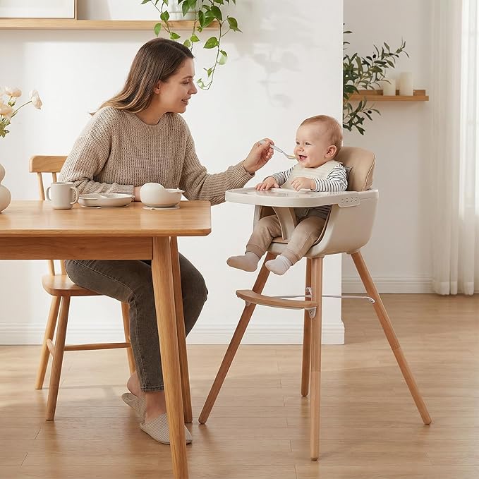 HONEY JOY Baby High Chair, 6-in-1 Eat & Grow Wooden Highchair/Toddler Chair with Removable Tray, 5-Point Harness, PU Cushion and Footrest, Convertible High Chair for Babies and Toddlers(Dark Beige)