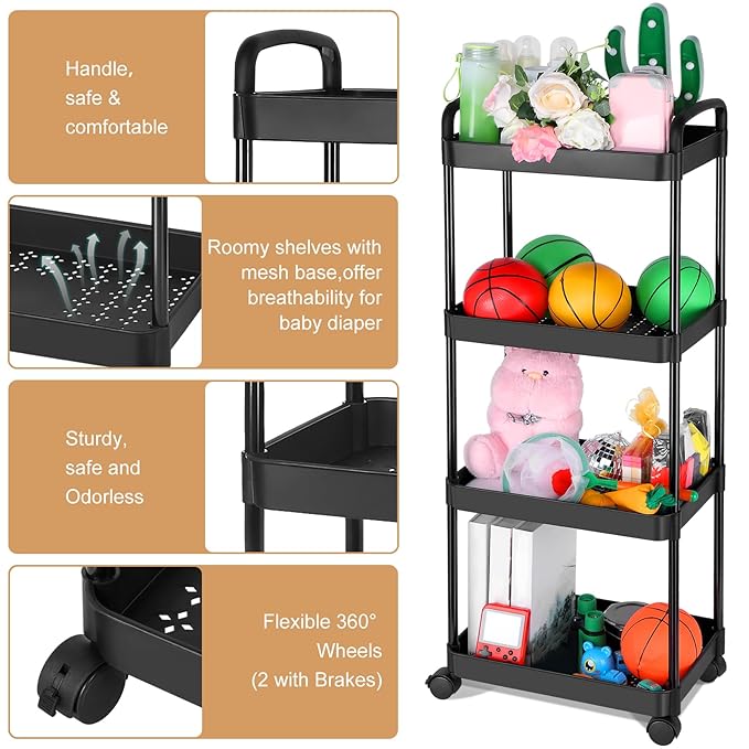 Barydat Baby Diaper Cart 3-Tier Movable Diaper Caddy Organizer Rolling Plastic with Wheels Black Essentials Baby Storage Organizer for Hanging Table Crib Bedroom Bathroom