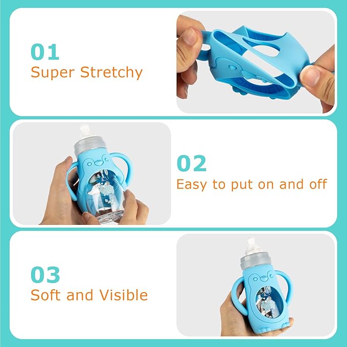 Silicone Sleeves with Handles for Mam Glass Baby Bottles 9oz,Anti Breakage Baby Bottle Holder with Handles 3 Pack