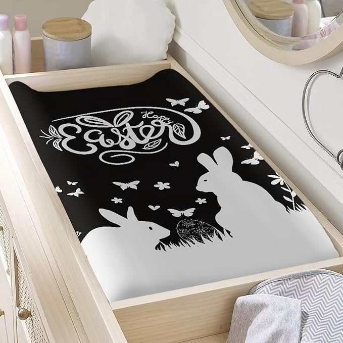 Rabbit Butterfly Baby Changing Pad Cover Stretchy Breathable Sheet Crib Mat Easter Decor Comfy Cozy Diaper Changing Mat Cover Lightweight Changing Table Cover