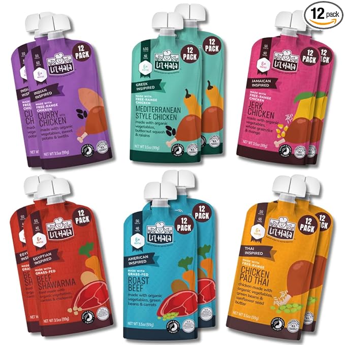 Li’l Hala Baby Food Meat Pouch Variety (12 ct)| Beef & Chicken Savory Baby Food Pouches with Protein & Organic Veggies, Toddler Snacks with Iron & Fiber| Stage 2 Toddler Food 6+ Months Puree Meal