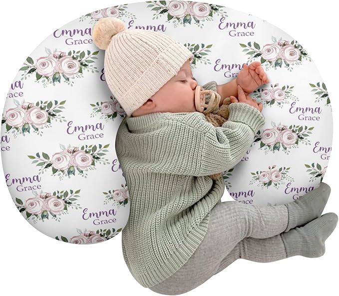 Customizable Flowers Baby Nursing Pillow Cover - Add Your Baby's Name, Ultra-Soft Stretch Fabric, Fits Standard Nursing Pillows, Ideal for Baby Showers Style 08