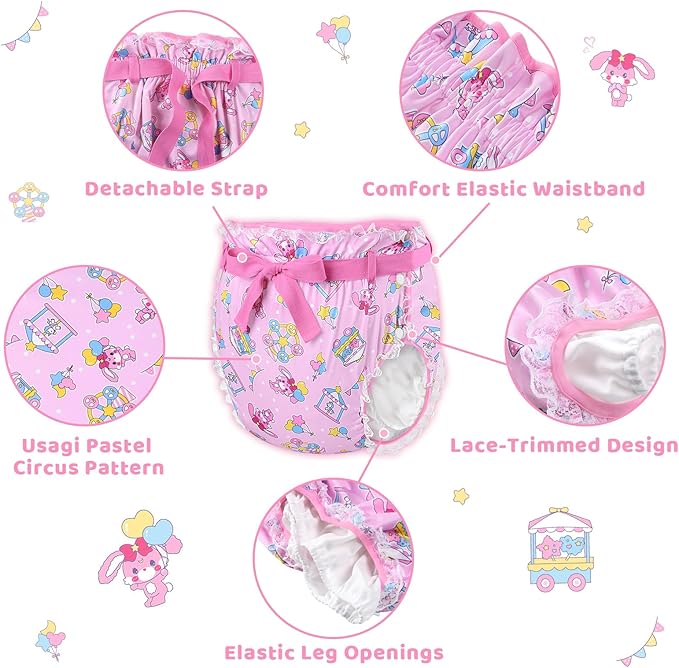 Littleforbig Adult Ribbon Omutsu Diaper Wrap Cover Washable Adjustable Reusable Waterproof - Usagi Pastel Circus Pattern