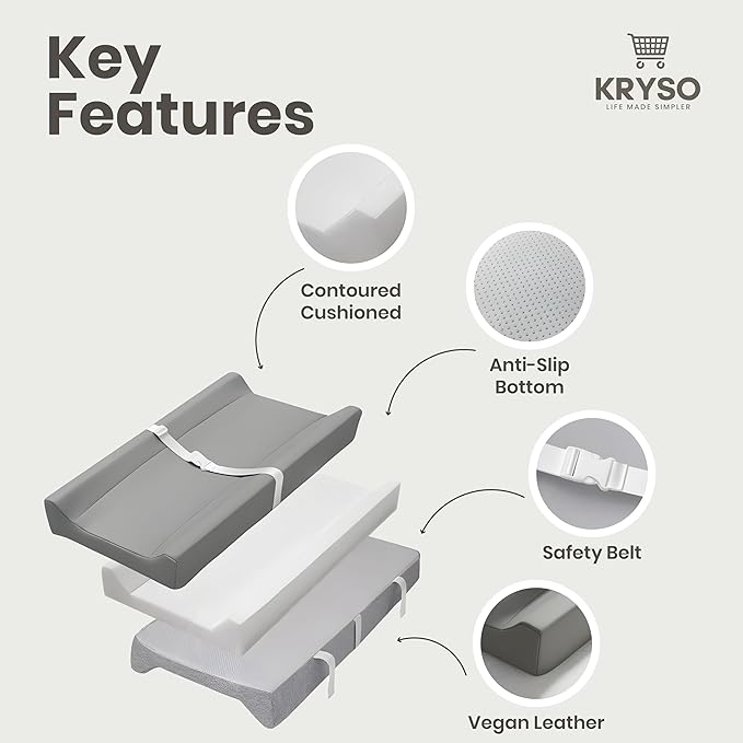 KRYSO Baby Changing Pad – Soft Vegan Leather Changing Pad, Waterproof and Wipeable Diaper Changing Mat, Easy-to-Clean Baby Mat for Newborns and Toddlers (Light Gray)