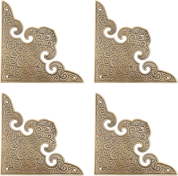 4Pcs Antique Solid Brass Corner Guards L-Shaped Angle Edge Vintage Protectors for Table Chair Cabinet (Antique Bronze)
