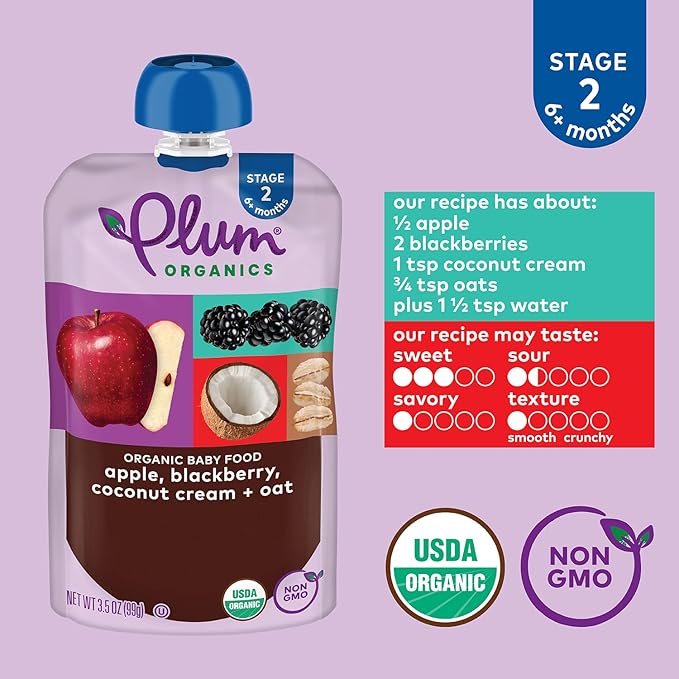 Plum Organics - 6+ Months Organic Baby Food - Apple, Blackberry & Coconut Cream - Non-GMO - Fruit Blends On-The-Go Pouches for Baby & Toddler Meals - Quality Tested Ingredients - 3.5 oz (Pack Of 12)