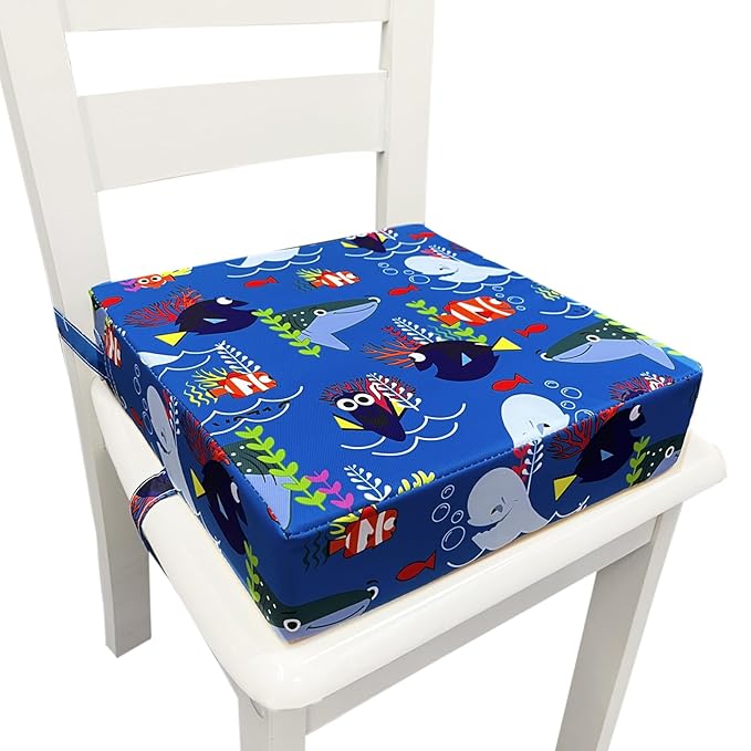 Toddler Booster Seats for Kitchen Chair with Double Safer Straps Non-Slip Bottom for Kids, Portable Travel High Density Sponge Detachable Cushion for Boys Girls (Blue Ocean S)