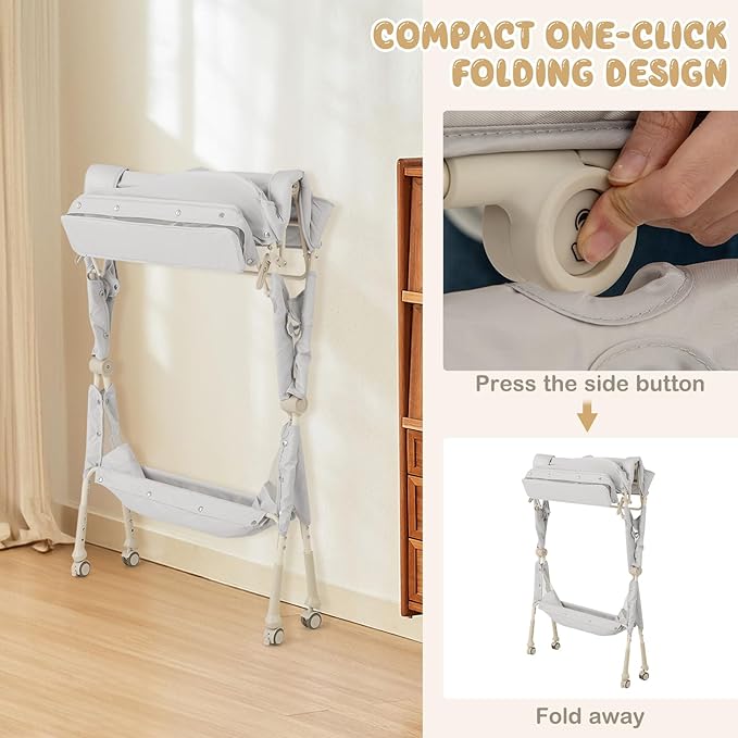 HONEY JOY Changing Table, Folding Mobile Diaper Nursery Organizer w/Wheel, 3 Adjustable Heights, Storage Bag & Open Shelf, Water Basin, Portable Baby Changing Station for Newborn Infant(Gray)