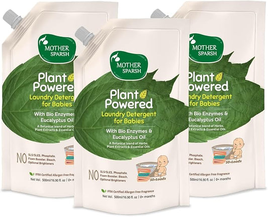 Mother Sparsh Baby Laundry Liquid Detergent (Powered by Plants) with Bio - Enzymes and Eucalyptus Oil, Refill Pack (500ml X 3)