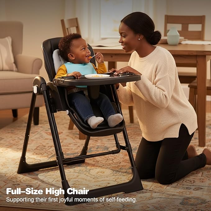 High Chairs for Babies and Toddlers Foldable High Chair Adjustable with Reclining Seat & Leg Rest, 3-in-1 Convertible Baby Rocker with Tool-Free Assembly (Black)