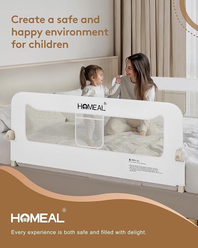 HOMEAL Bed Rail for Toddlers, 59" Extra Long Swing Down Bed Rail Guard with Double Reinforced Stability, Foldable Metal Safety Guard for King, Queen, Full & Twin Beds, White