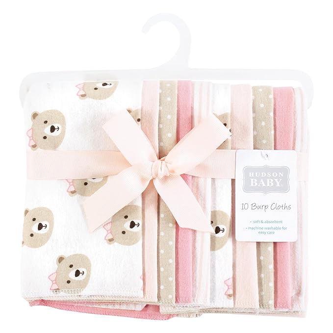 Hudson Baby Unisex Baby Flannel Burp Cloth 10pk, Pink Taupe Bear, One Size