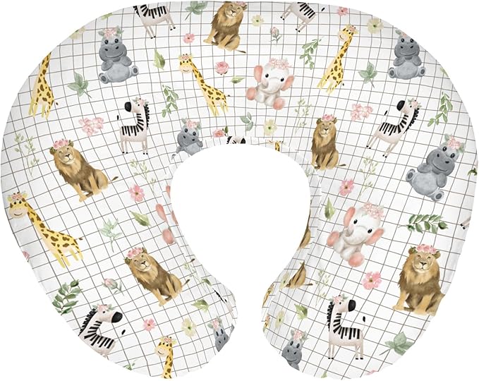 African Safari Animals Baby Nursing Pillow Covers for Boy Girl Elephant Lion Giraffe Hippo Tropical Flower Leaves Nursing Pillowcase for Breastfeeding Pillows Zoo Jungle Soft Stretchy Slipcovers
