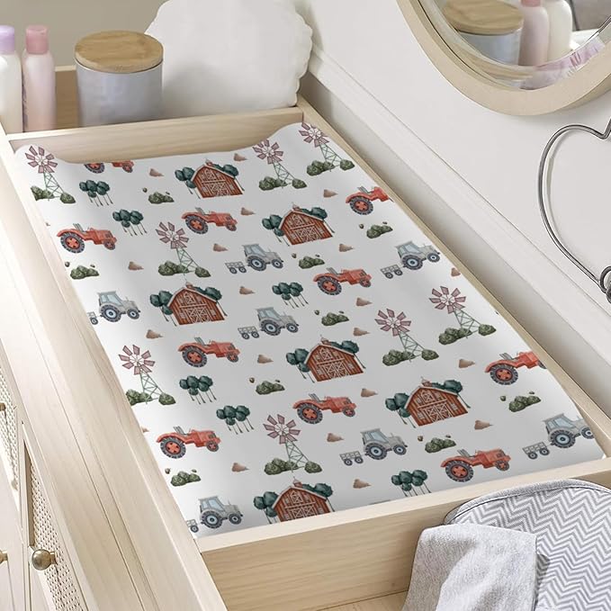 Farm Tractors Trees Windmill Truck Barn Changing Pad Cover Diaper Farmhouse Life Change Table Sheets for Baby Girls Boys Soft Stretchy Fitted Changing Table Mats Cover 32''x16''