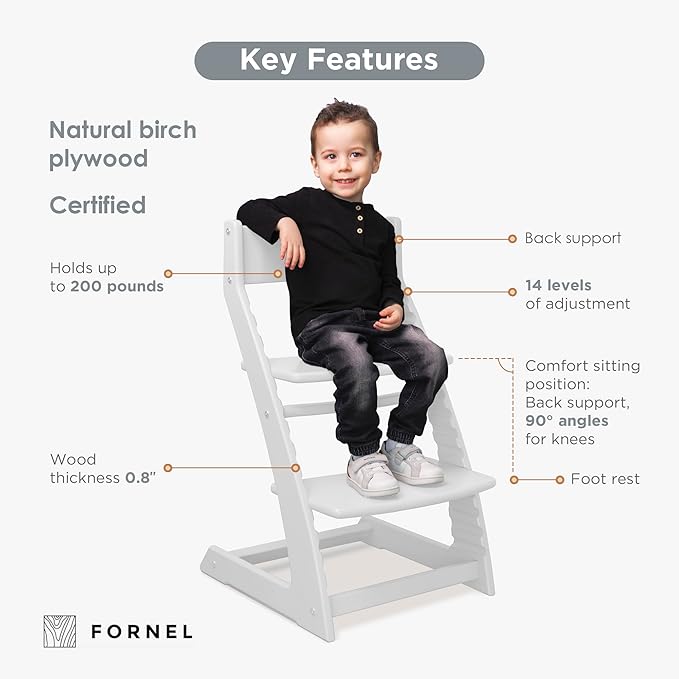 FORNEL Modern White Wooden High Chair | The Forever Chair that Grows from Toddler to Adult (200 lb) | Sleek, Easy-to-Clean Scandinavian Design
