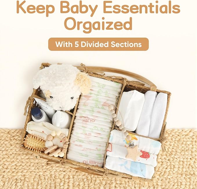 Diaper Caddy Organizer, Hand Rattan Nursery Storage Basket for Baby Essentials, Baby Changing Table Organizer Perfect Nursery Assistant, Easy Assemble (Natural, M)