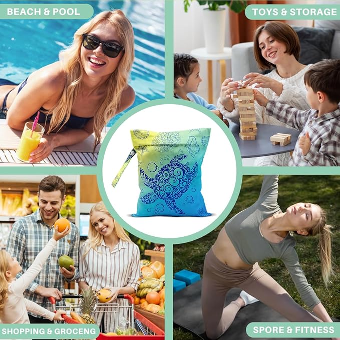 Wet Dry Bag for Swimsuit and Towels for Swimsuit Travel Beach Pool Diapers Dirty Yoga Gym Clothes Hook to Stroller Makeup Bag Waterproof Turtle Ocean Element Decor