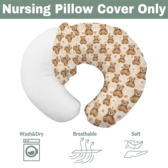 Vintage Bear Daisy Baby Nursing Pillow Covers for Boy Girl Retro Bears Boho Floral Nursing Slipcovers for Breastfeeding Pillows Boho Animals Soft Stretchy Removable Covers for Newborn Infant