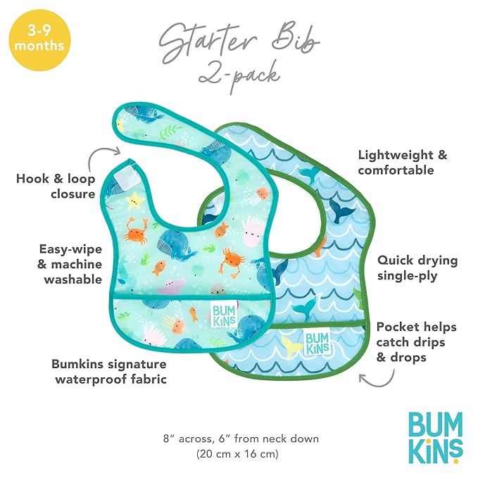 Bumkins Bibs, for Baby Girl or Boy, Infant 3-9 Months, Essential Must Have for Eating, Feeding, Baby Led Weaning Supplies, Mess Saving Waterproof Soft Fabric, Starter Bib 2-pk Blue Ocean Life