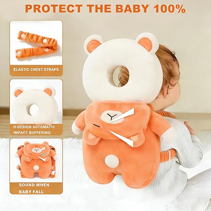 Baby Head Protector Backpack, Toddler Baby Head Protection Backpack with Baby Knee Pads Alarm Function for Walking & Crawling, Soft, Breathable and Wearing Safety Baby Head Protector- Orange Bear