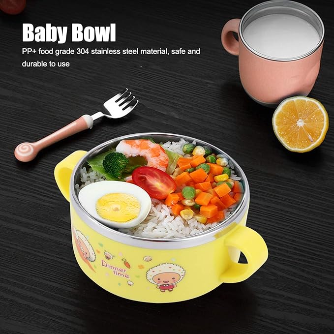 Zerodis 304 Stainless Steel Toddler Bowl with Double Layer Heat Insulation, Cartoon Design, Lid and Handles - Feeding Tableware (Yellow)
