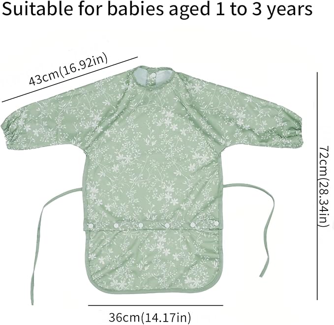 2-Pack Long Sleeve Baby Bib,Coverall Baby Bibs for Eating,Waterproof,Attaches to Highchair&Table,Ages 1 to 3 Years