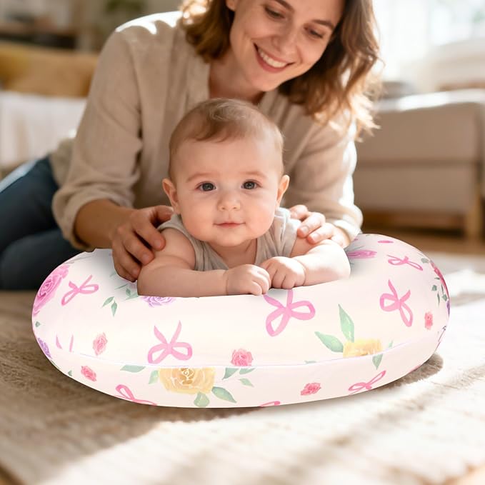 Nursing Pillow Cover, Floral Breastfeeding Pillow Cover for Baby Girls Boys, Soft Stretchy Nursing Pillowcase for Infant Newborn, Removable Slipcover for Nursing Pillows, Pink Rose(Only Cover)