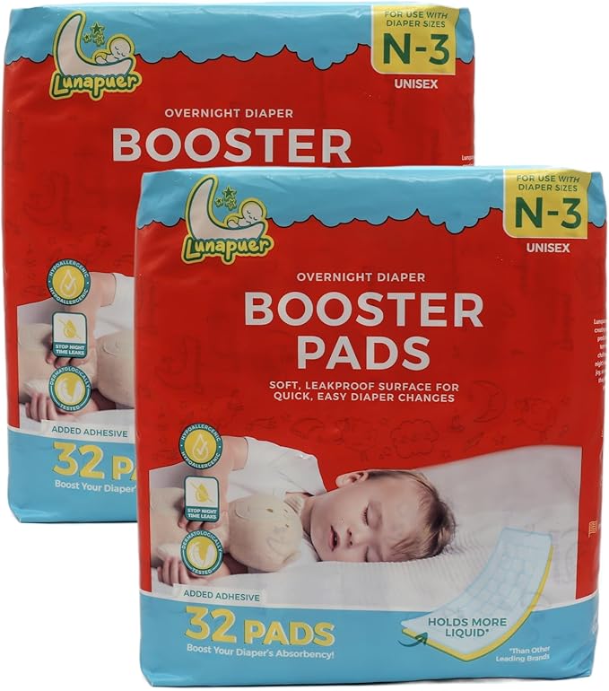 Diaper Booster Pads Overnight, Stop Overnight Leaks, Diaper Inserts with Adhesive for Sensitive Skin – Fits Newborn, Size 1, 2, 3 – Diaper Liners for Baby Boys & Girls – 64 ct (2 Packs)