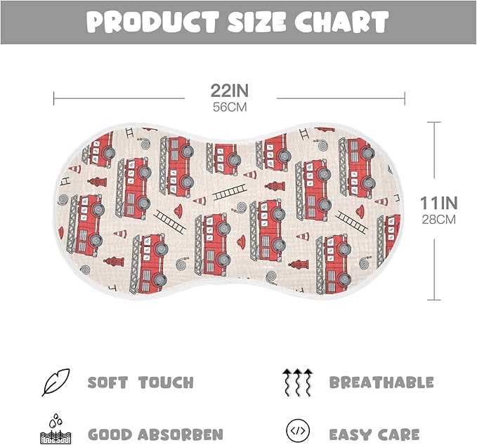 Muslin Burp Cloths for Baby Boys and Girls - 2-Pack Ultra Absorbent Fire Truck Muslin Washcloths, Newborn Towel, Milk Spit Up Rags, Burp Cloth Bibs for Unisex, 22 x 11 Inch