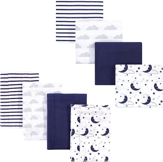 Hudson Baby Unisex Baby Cotton Flannel Burp Cloths and Receiving Blankets, 8-Piece, Moon, One Size