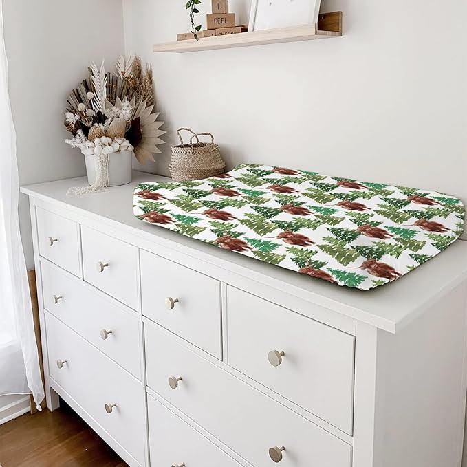 Highland Cows Forest Changing Pad Cover Cute Yak Winter Pine Trees Diaper Changing Table Cover Sheets for Boys Girls Soft Breathable Stretchy Fitted Changing Table Mats 32''x16''