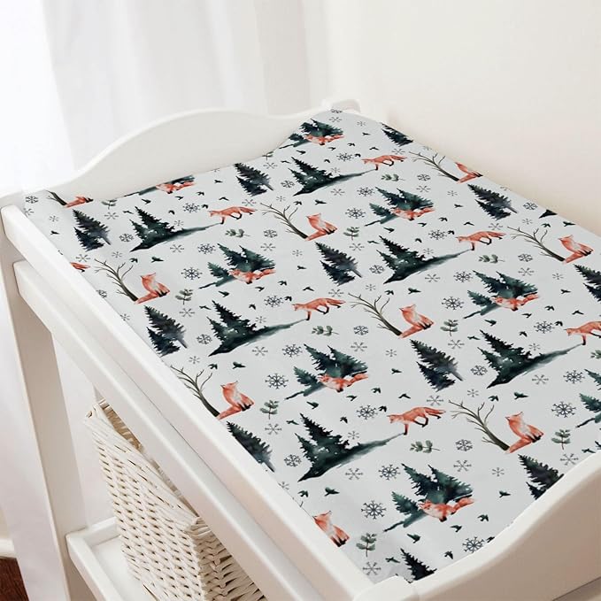 Cute Red Foxes Changing Pad Covers Winter Snow Trees Birds Change Table Pad Cover for Baby Boys Girls Soft Breathable Stretch Diaper Changing Mat Sheets 32''x16''