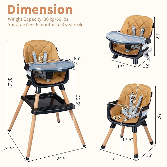 BABY JOY 8-in-1 High Chair, Convertible Wooden Highchairs for Babies and Toddlers | Dining Booster Seat | Toddler Stool, Double Removable Tray, 5-Point Safety Harness & Waterproof PU Cushion (Coffee)