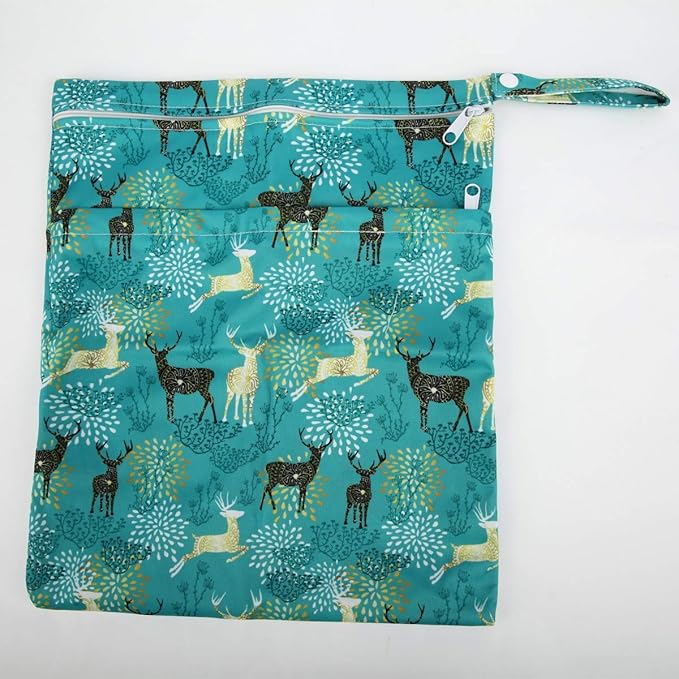 2 Wet Bags With Two Zippered Pockets Reusable Diaper Nappy Waterproof (Deer Heads and Regal Deer)