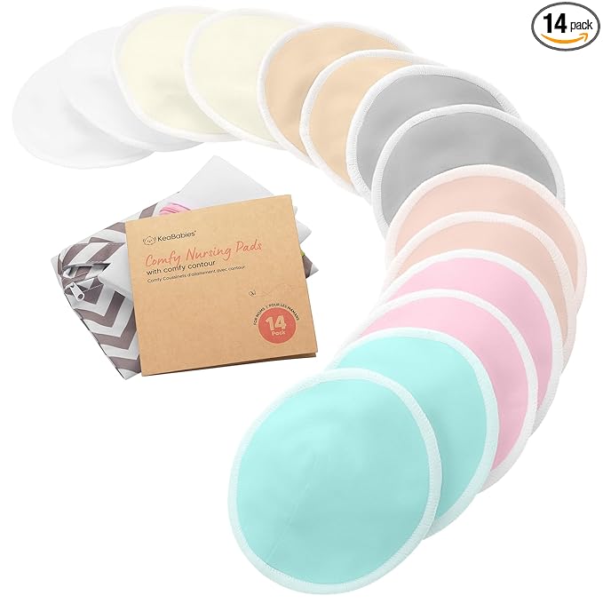 Organic Nursing Pads - 14 Washable Breast Pads for Breastfeeding, Wash Bag, Viscose Derived from Bamboo Reusable Nipple Covers for Breastfeeding Essentials, Soft & Absorbent(Pastel Touch, XL 5.6")