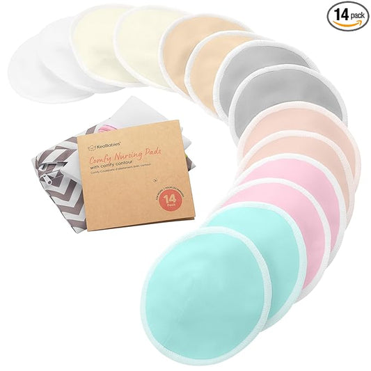 Organic Nursing Pads - 14 Washable Breast Pads for Breastfeeding, Wash Bag, Viscose Derived from Bamboo Reusable Nipple Covers for Breastfeeding Essentials, Soft & Absorbent(Pastel Touch, XL 5.6")
