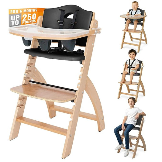 Abiie Beyond Junior Wooden High Chair for Babies and Toddlers - Convertible 3-in-1 Baby Highchair with Removable Tray - 6 Months to 250 Lb - Water Resistant - Natural Wood/Black Pearl Cushion