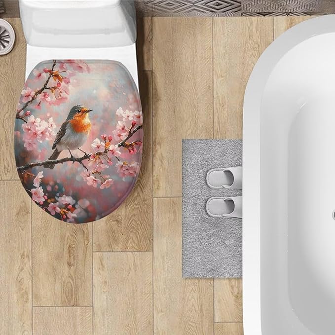 Robin Bird with Flower Toilet Seat Covers for Bathroom Decoration Flannel Fabric Soft Bathroom Covers Keep Clean Tidy Suitable for Public Bathrooms Long-Term Travel Boarding