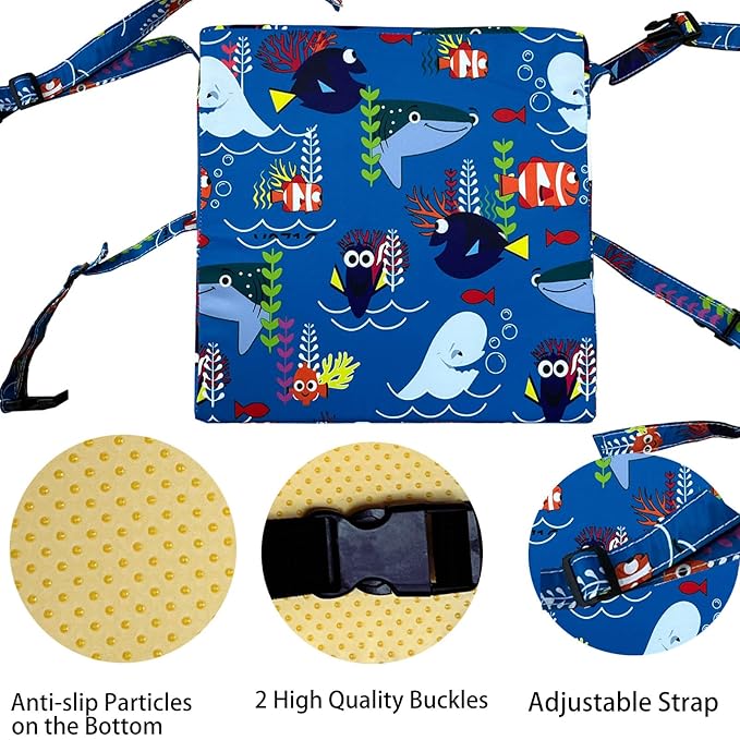 Toddler Booster Seats for Kitchen Chair with Double Safer Straps Non-Slip Bottom for Kids, Portable Travel High Density Sponge Detachable Cushion for Boys Girls (Blue Ocean S)