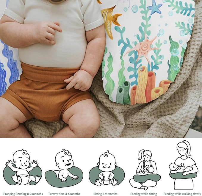 Colorful Ocean Animals Baby Nursing Pillow Covers for Boy Girl Whale Turtle Jellyfish Sea Horse Weeds Nursery Slipcovers for Breastfeeding Pillows Marine Life Soft Stretchy Cover for Newborn Infant
