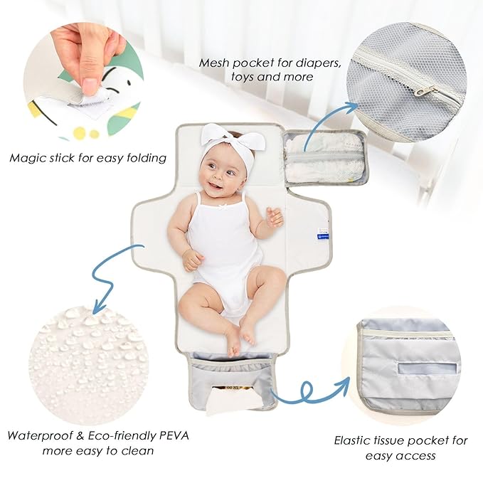 Cute Dinosaurs Portable Diaper Changing Pad - Waterproof Foldable Baby Diaper Changing Pad with Built-in Pillow, Travel Diaper Changing Mat for Newborn Baby