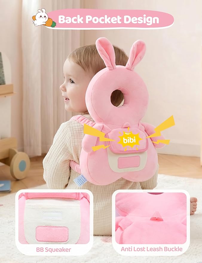 JunNeng Baby Head Protector Backpack with Squeaker，Toddler Head Safety Protection Cushion, Pink Bunny